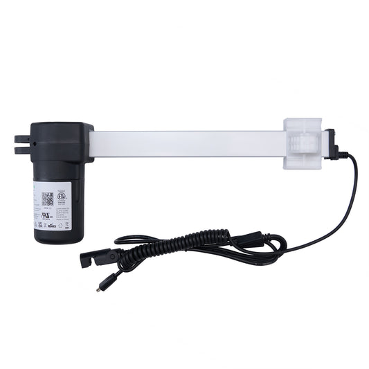 Linear actuator for power recliner lift chair, consisting of a black motor and a white rod with a white switch, connected by two cables.