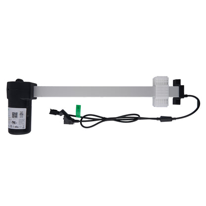 A eMoMo 3MTR 3MR134-329EL linear actuator, primarily black in color, with a white section that appears to be the actuator bar, and cables attached to it.