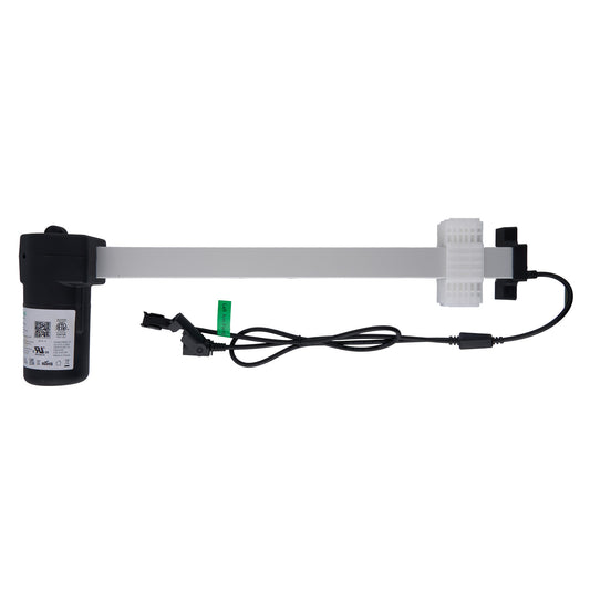 A eMoMo 3MTR 3MR134-329EL linear actuator, primarily black in color, with a white section that appears to be the actuator bar, and cables attached to it.