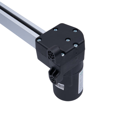 Black linear actuator on a white background