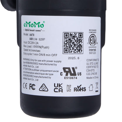 Black device with a label containing text, symbols, and a QR code on a white background