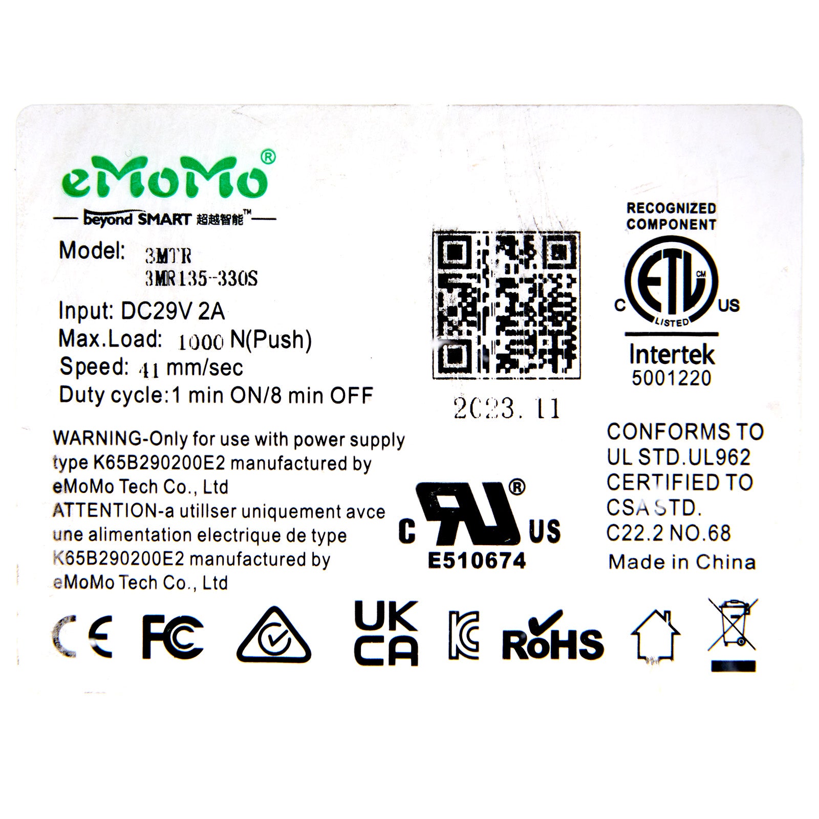 Technical label with various certifications and specifications on a white background