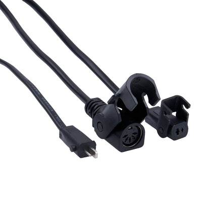 Black audio cable with various connectors on a white background