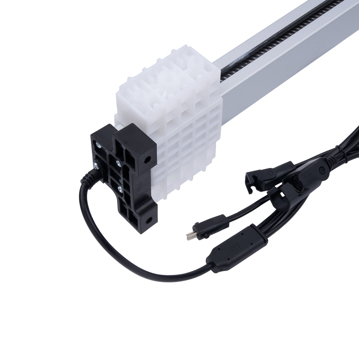 White electronic component with black cables on a white background
