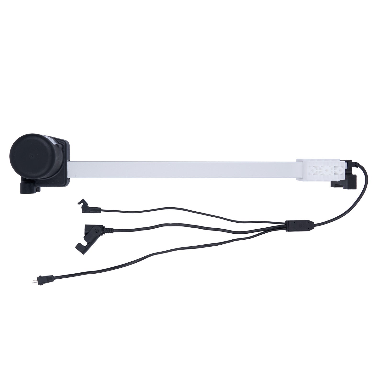 Electronic component with a white bar and black connectors on a white background