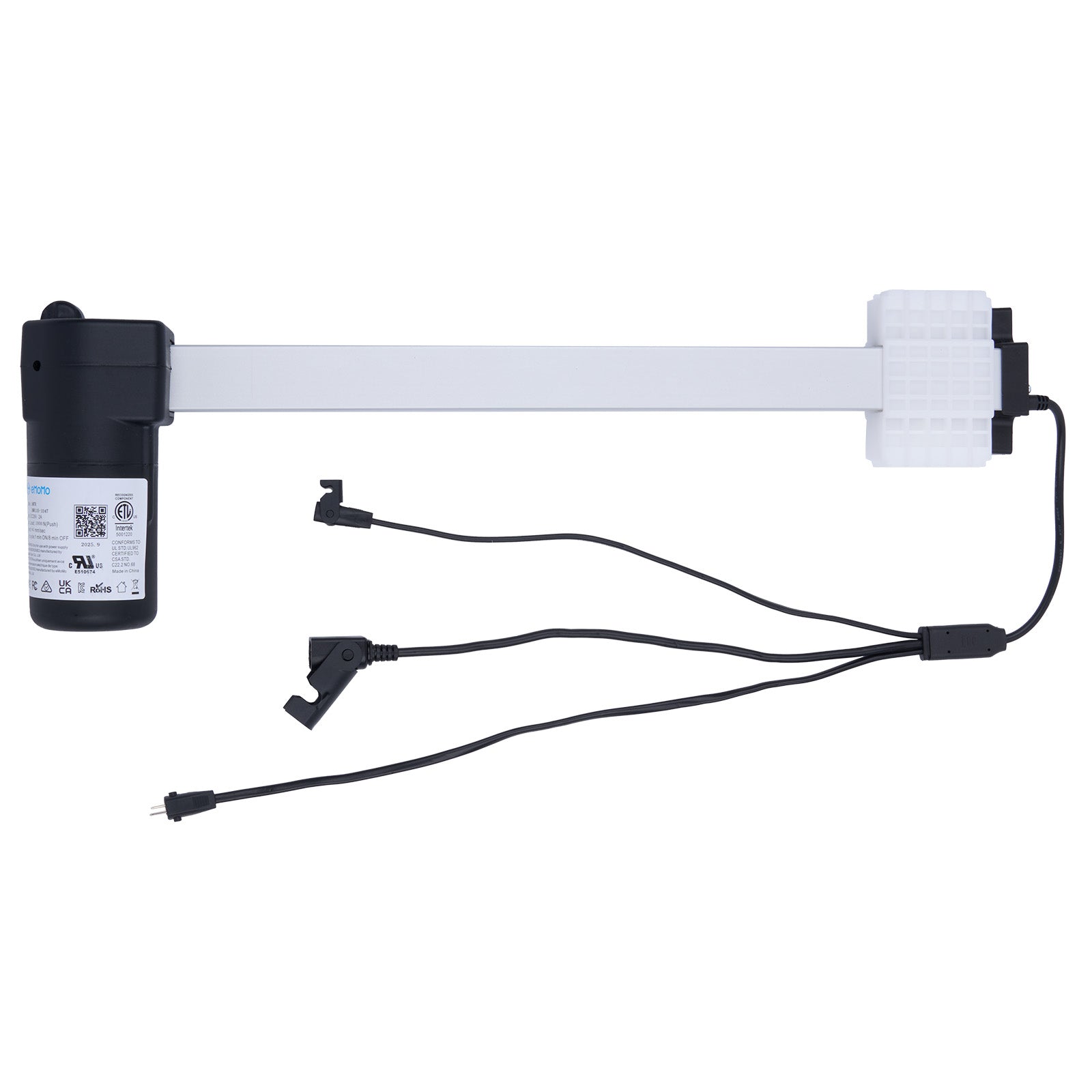 Electronic device with a black cylindrical component and white rectangular component on a white background