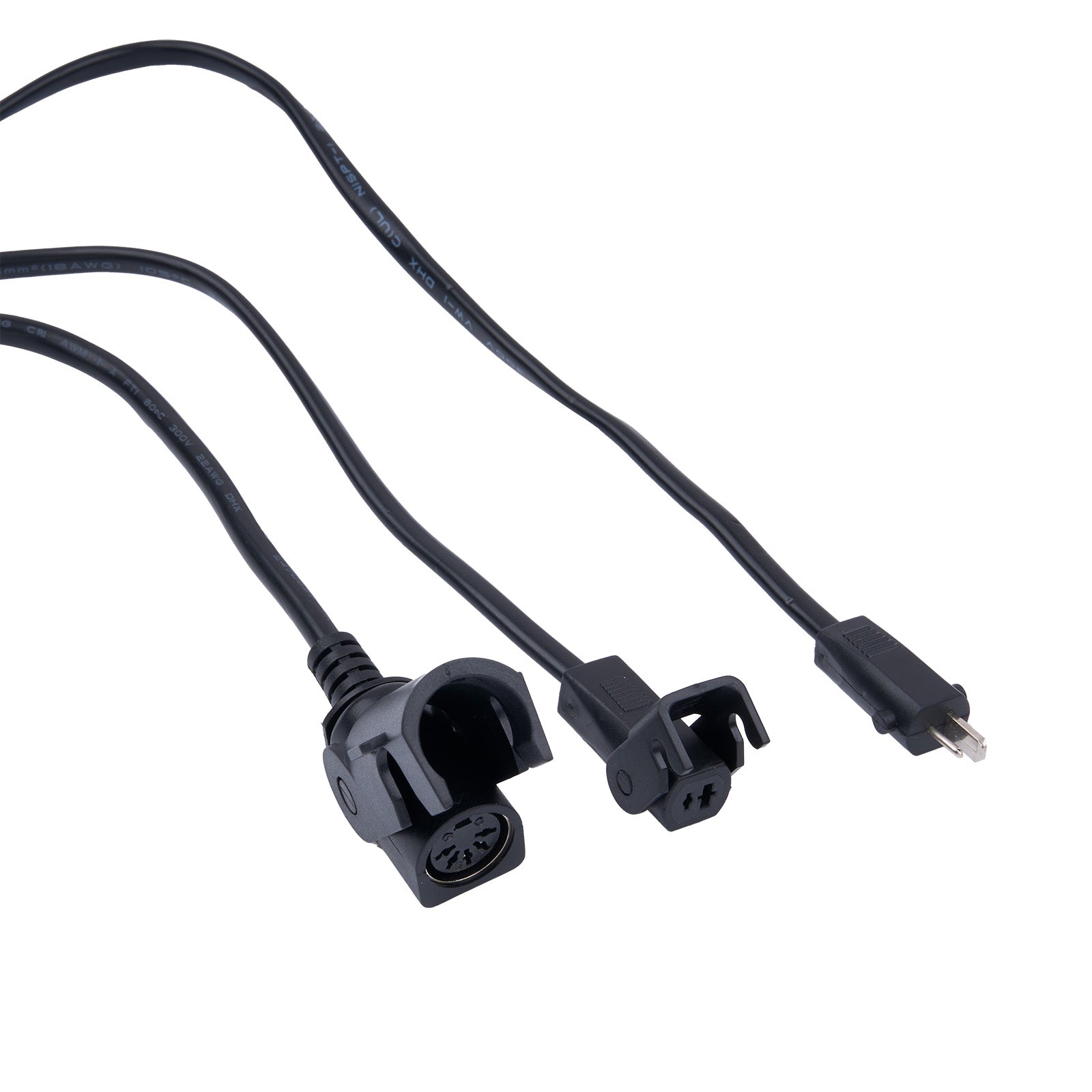 Three black electrical cables with connectors on a white background