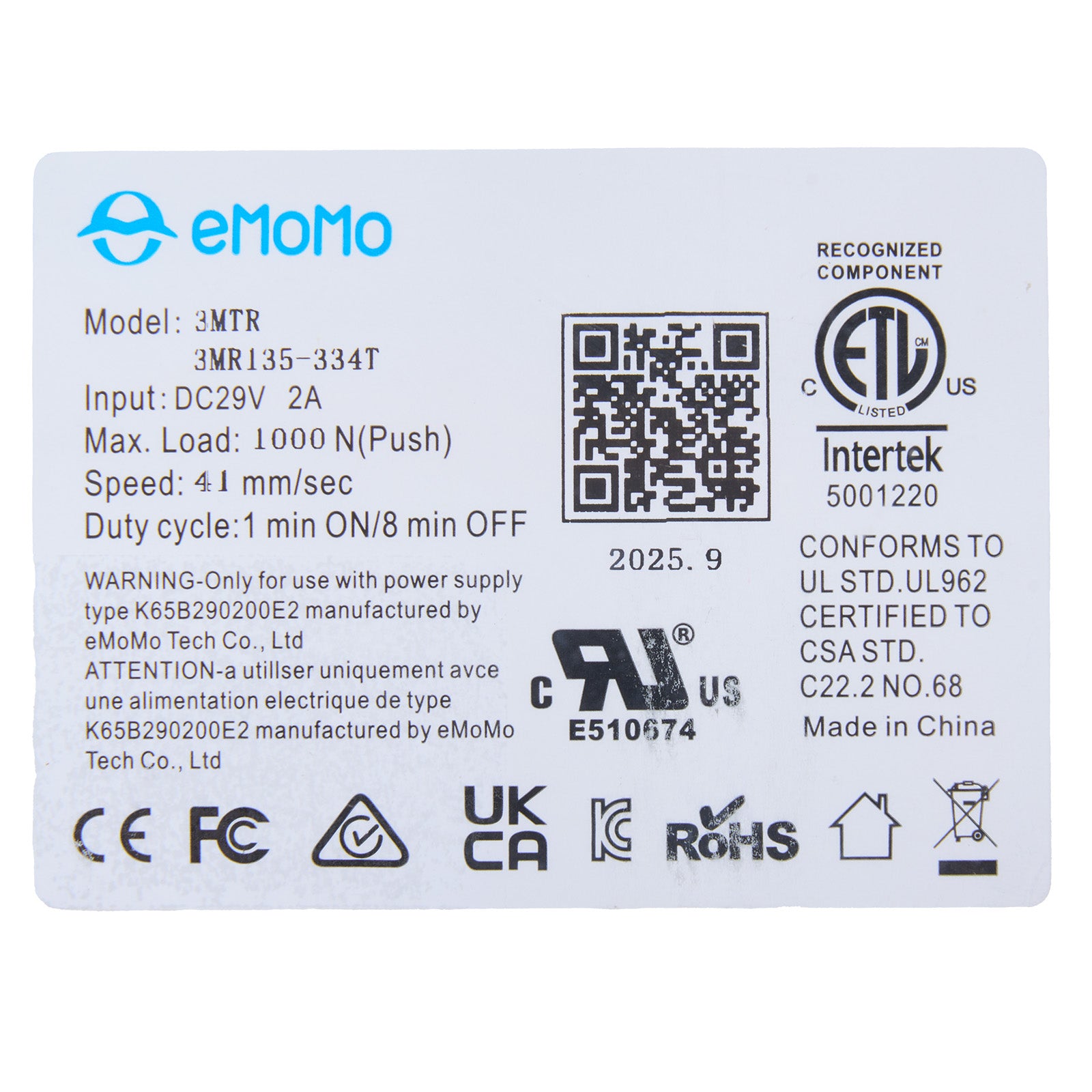 Technical label with emomo branding and certification logos on a white background