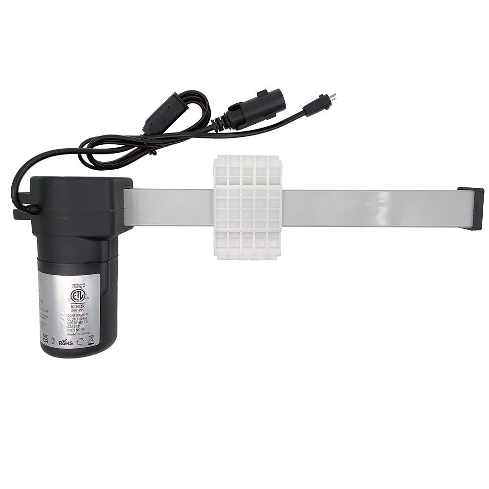 Linear actuator for recliner or lift chair with three cable & plug connectors, including a round 5 pin female plug, a 2-pin male plug, and a 2-pin female plug.