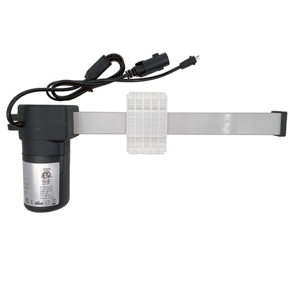Linear actuator for recliner or lift chair with three cable & plug connectors, including a round 5 pin female plug, a 2-pin male plug, and a 2-pin female plug.