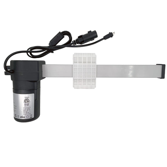 Linear actuator for recliner or lift chair with three cable & plug connectors, including a round 5 pin female plug, a 2-pin male plug, and a 2-pin female plug.