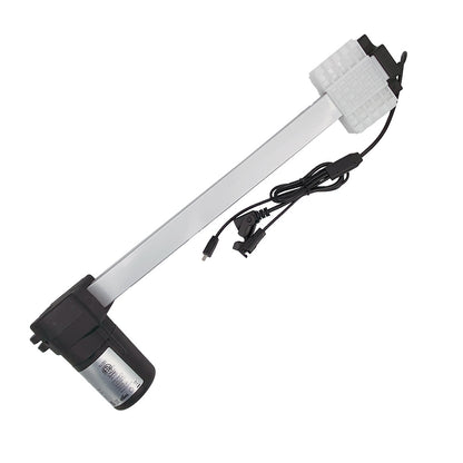 Linear actuator for recliner or lift chair, with a white cylindrical body, black end cap, and attached electrical cables.
