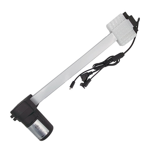Linear actuator for recliner or lift chair, with a white cylindrical body, black end cap, and attached electrical cables.