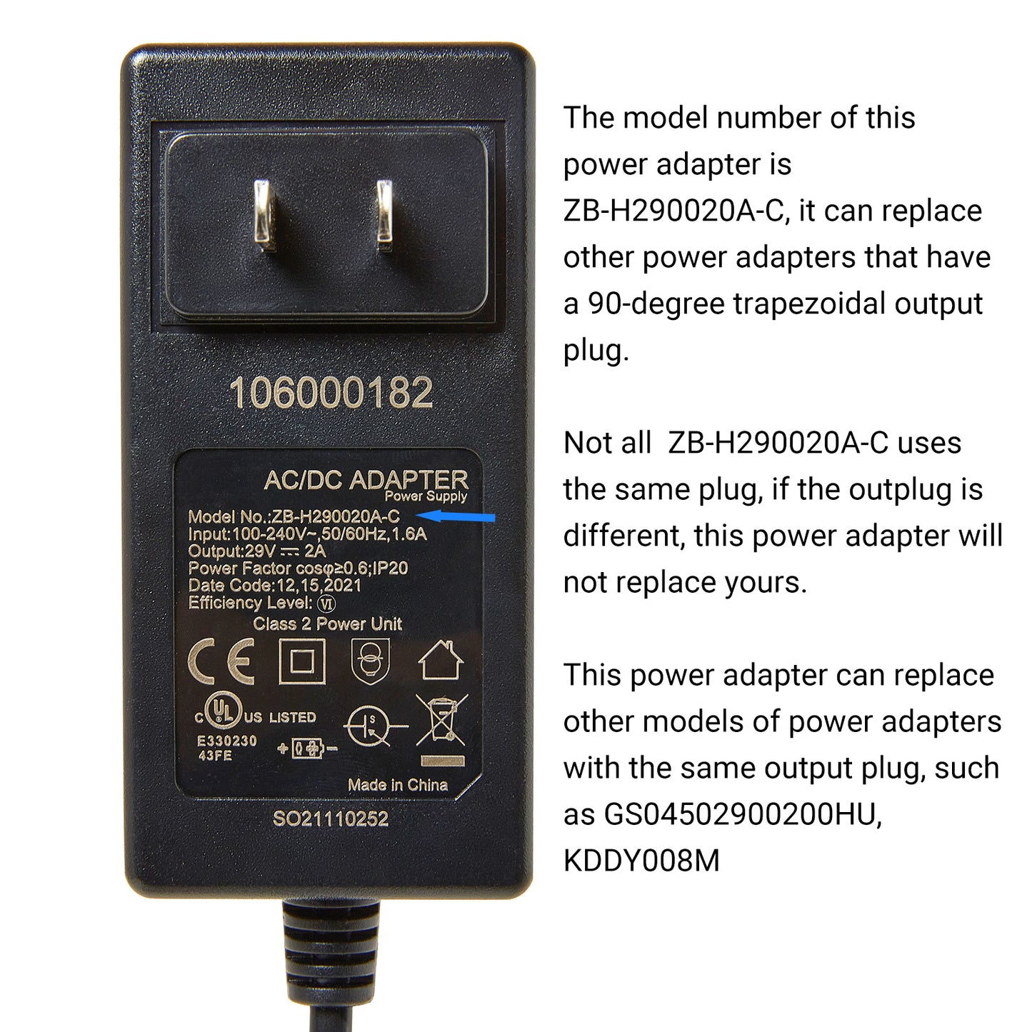 ZB-H290020A-C Power Supply for Motion Furniture 29V 2A 90° 2 Prong Plug