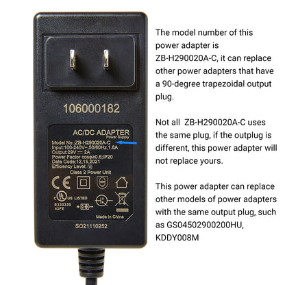 ZB-H290020A-C Power Supply for Motion Furniture 29V 2A 90° 2 Prong Plug