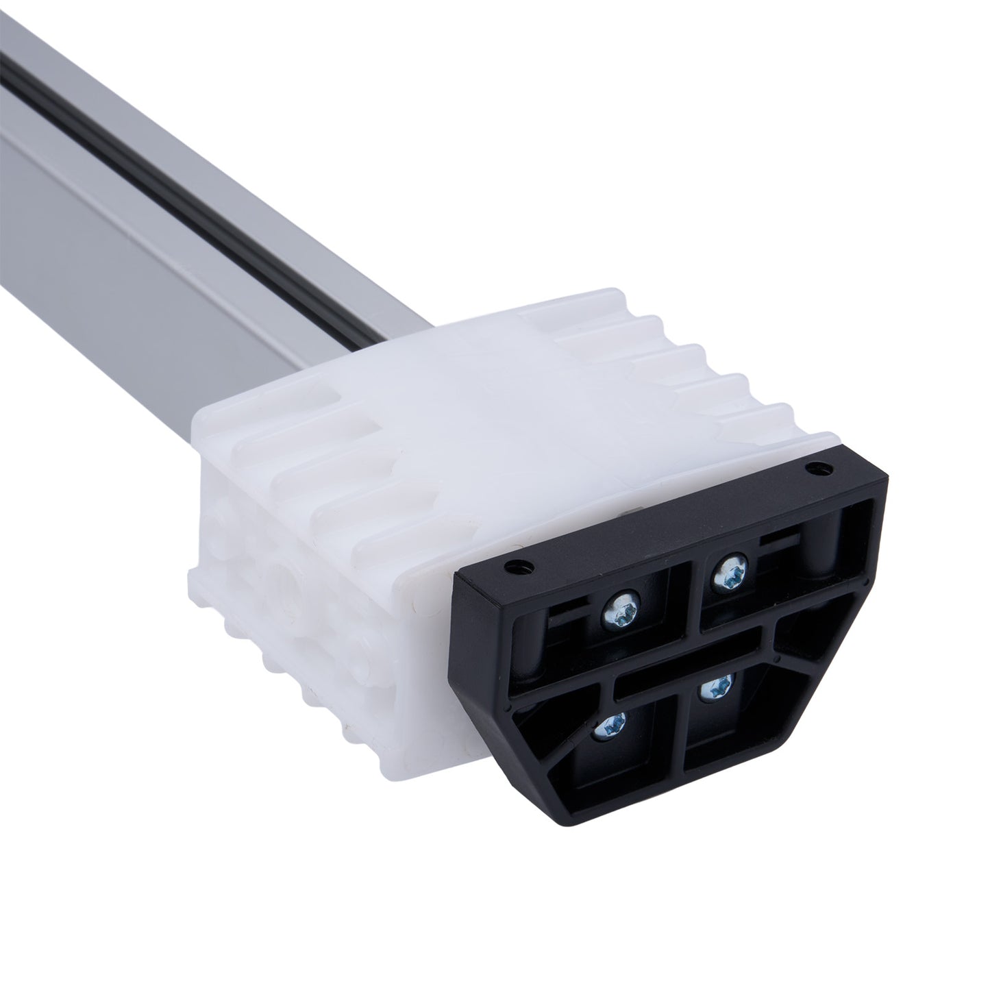 Close-up of a white plastic component with black metal fitting on a white background
