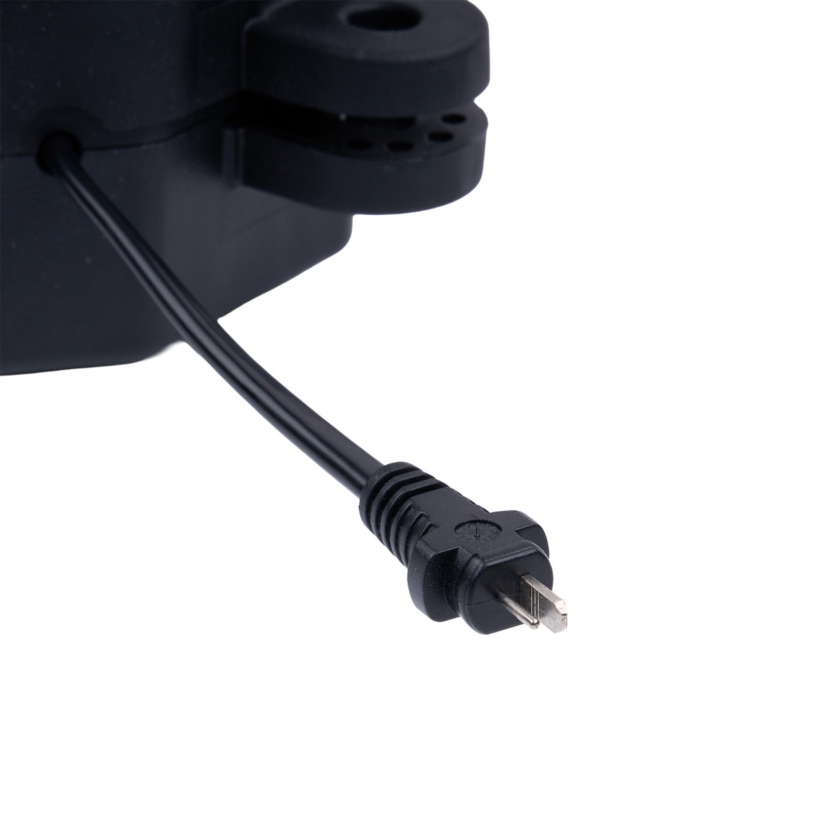 Black power adapter with cable on a white background