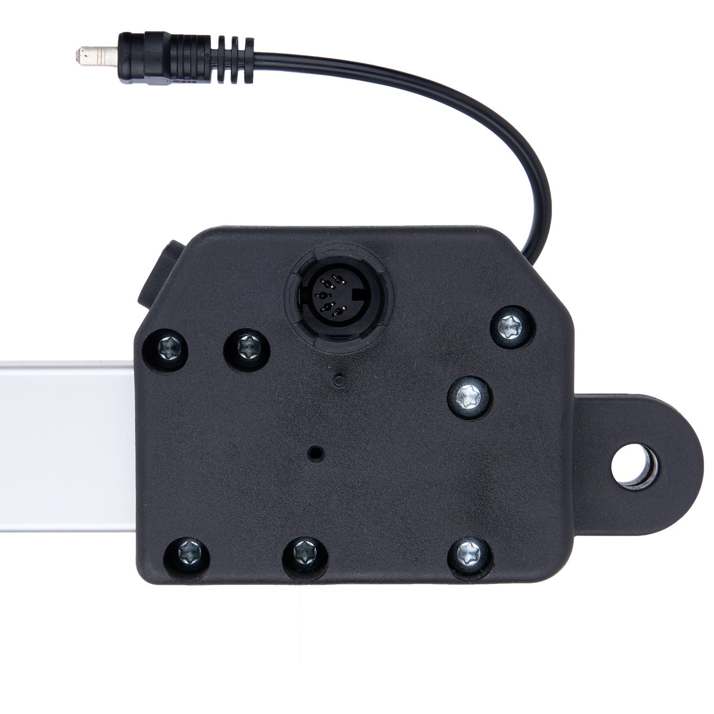 Black mechanical component with a cable on a white background