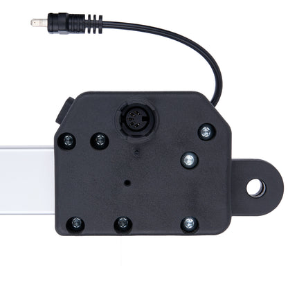 Black mechanical component with a cable on a white background