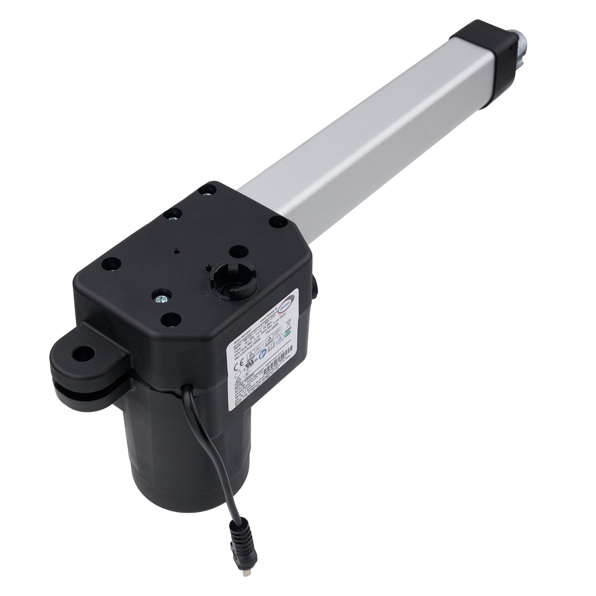 Linear actuator with black housing and white rod on a white background