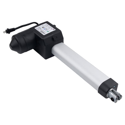 Linear actuator with black housing and white cylindrical rod on a white background