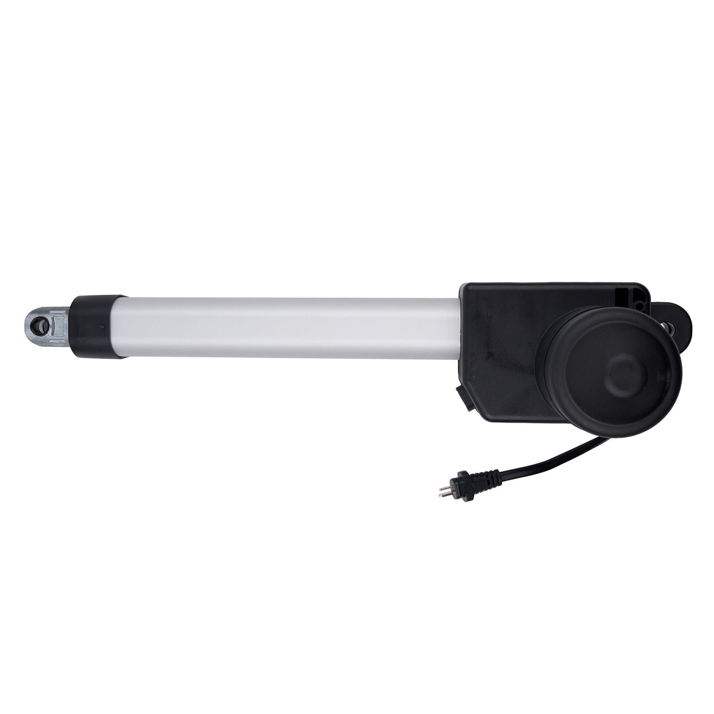Linear actuator with black housing and white cylindrical component on a white background