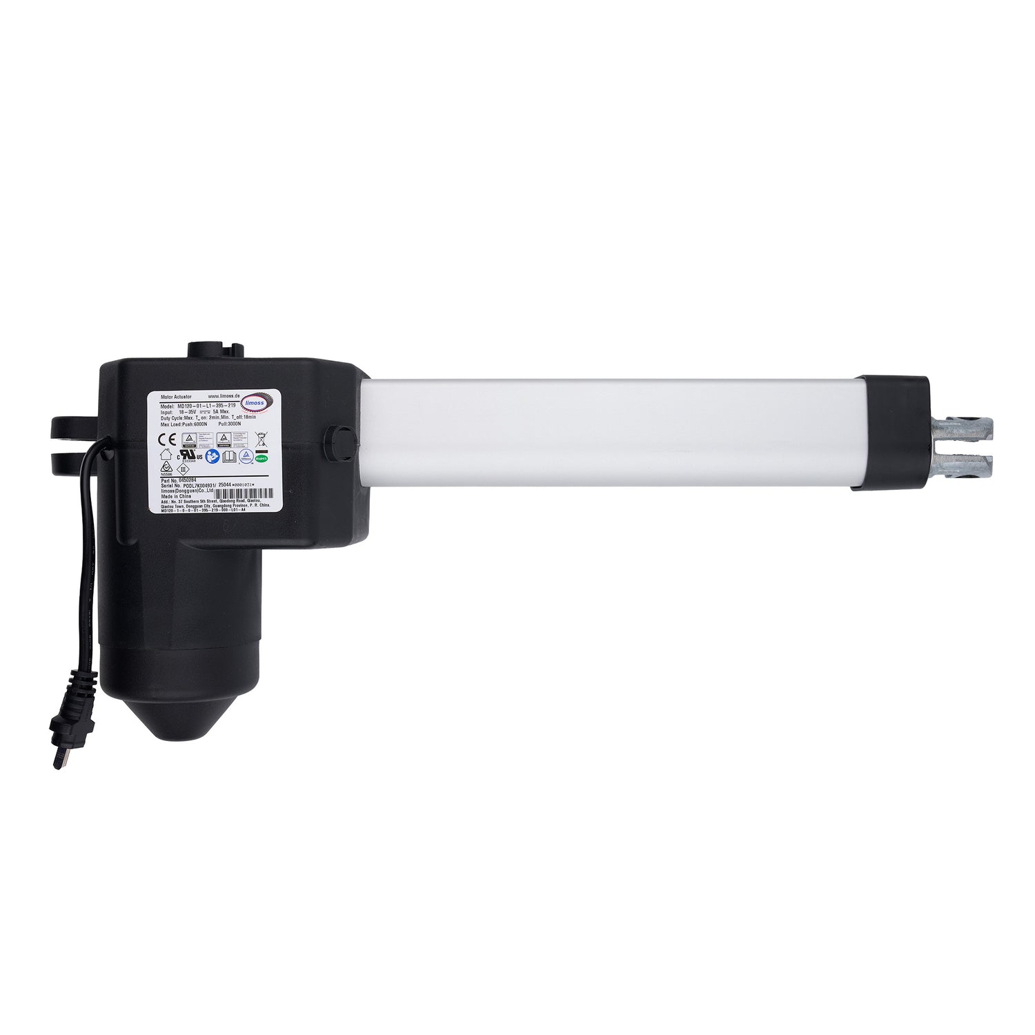Black and white linear actuator on a white background