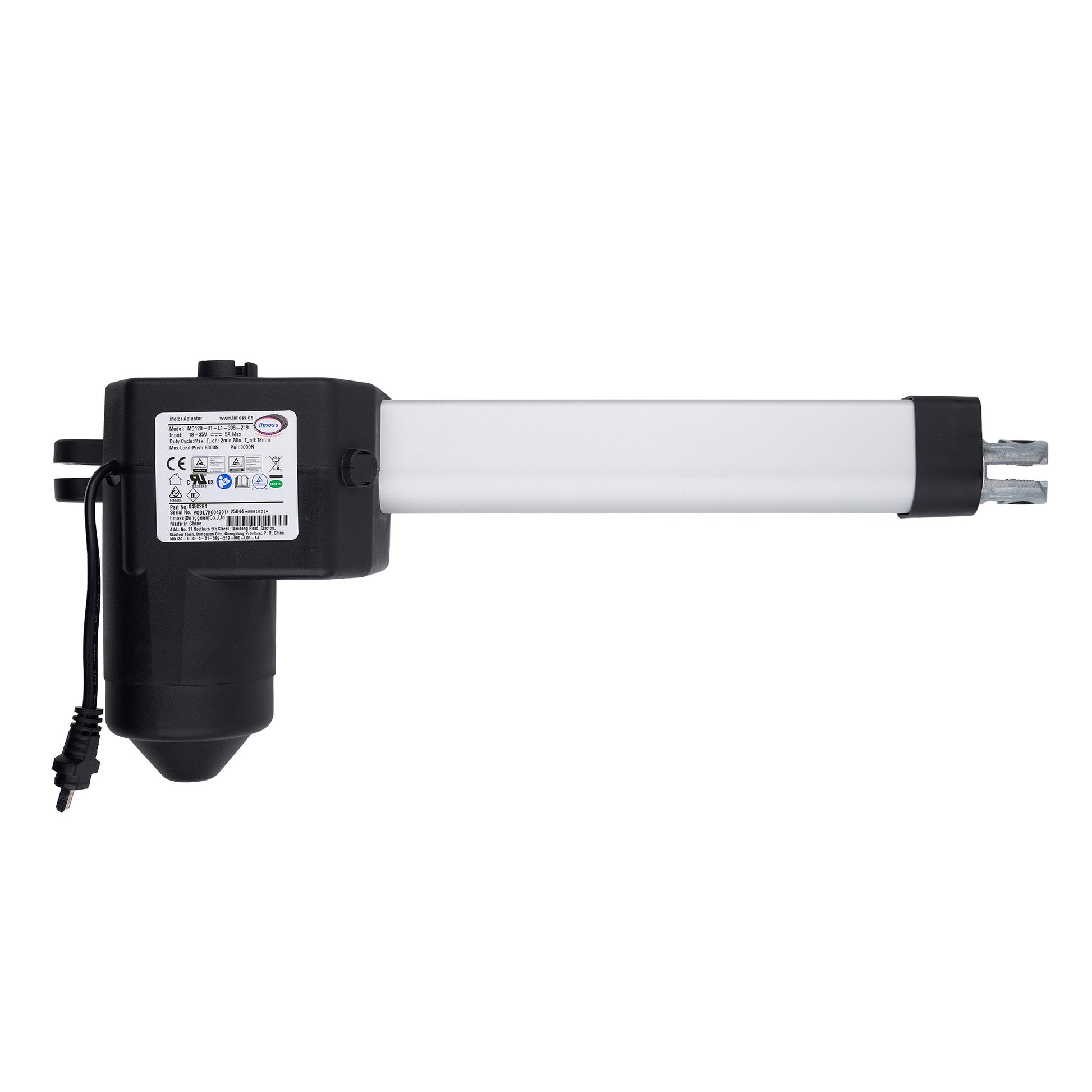 Black and white linear actuator on a white background