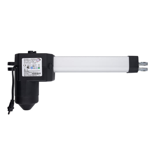 Black and white linear actuator on a white background