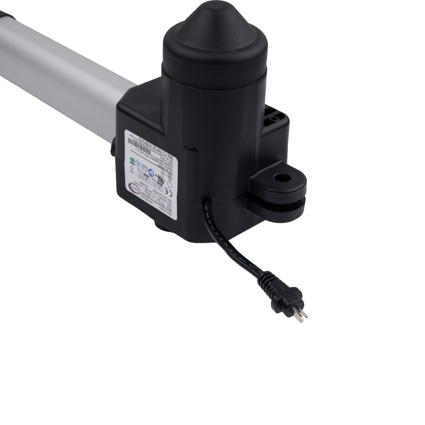 Black linear actuator with a cable on a white background