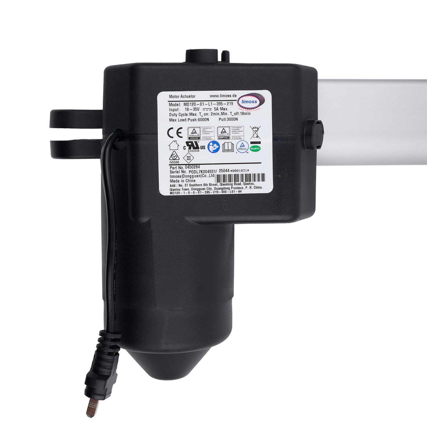 Black electronic device with a label on a white background