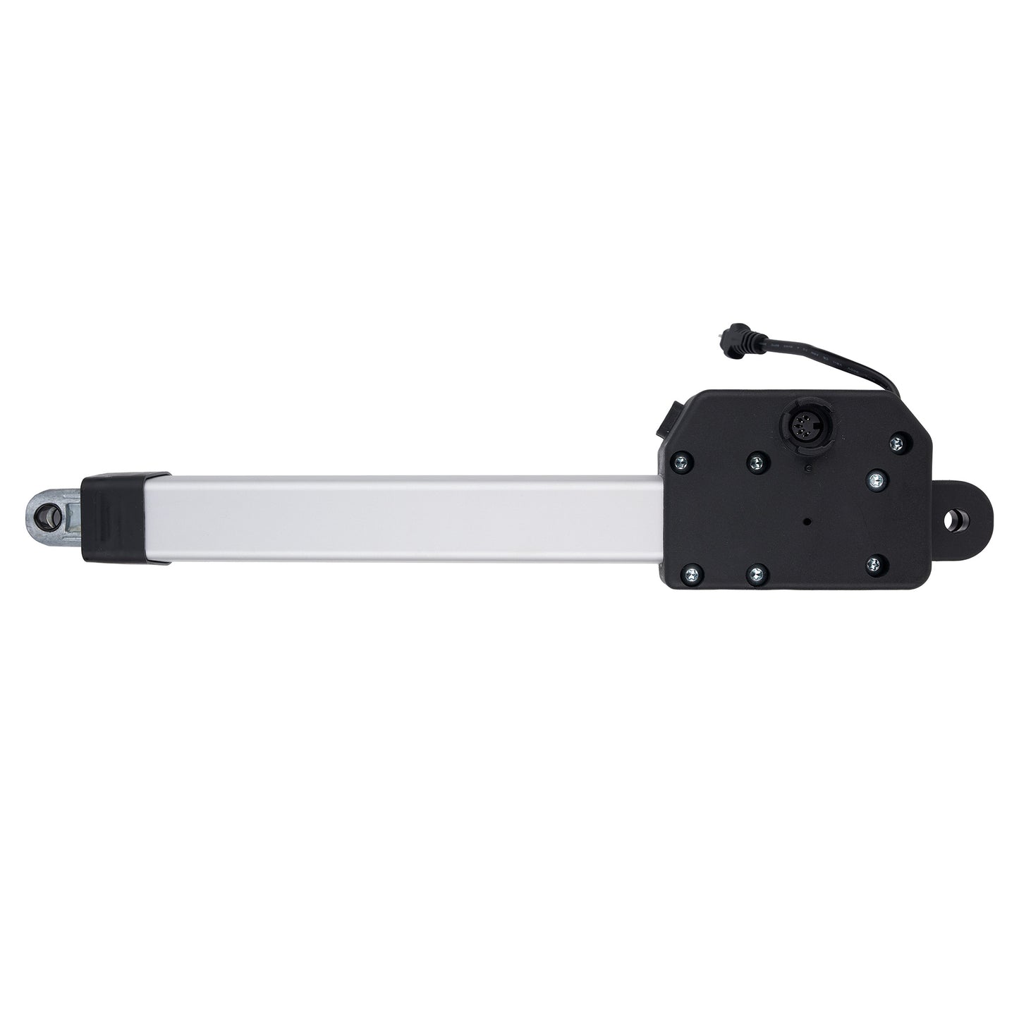 Mechanical actuator with black and silver components on a white background