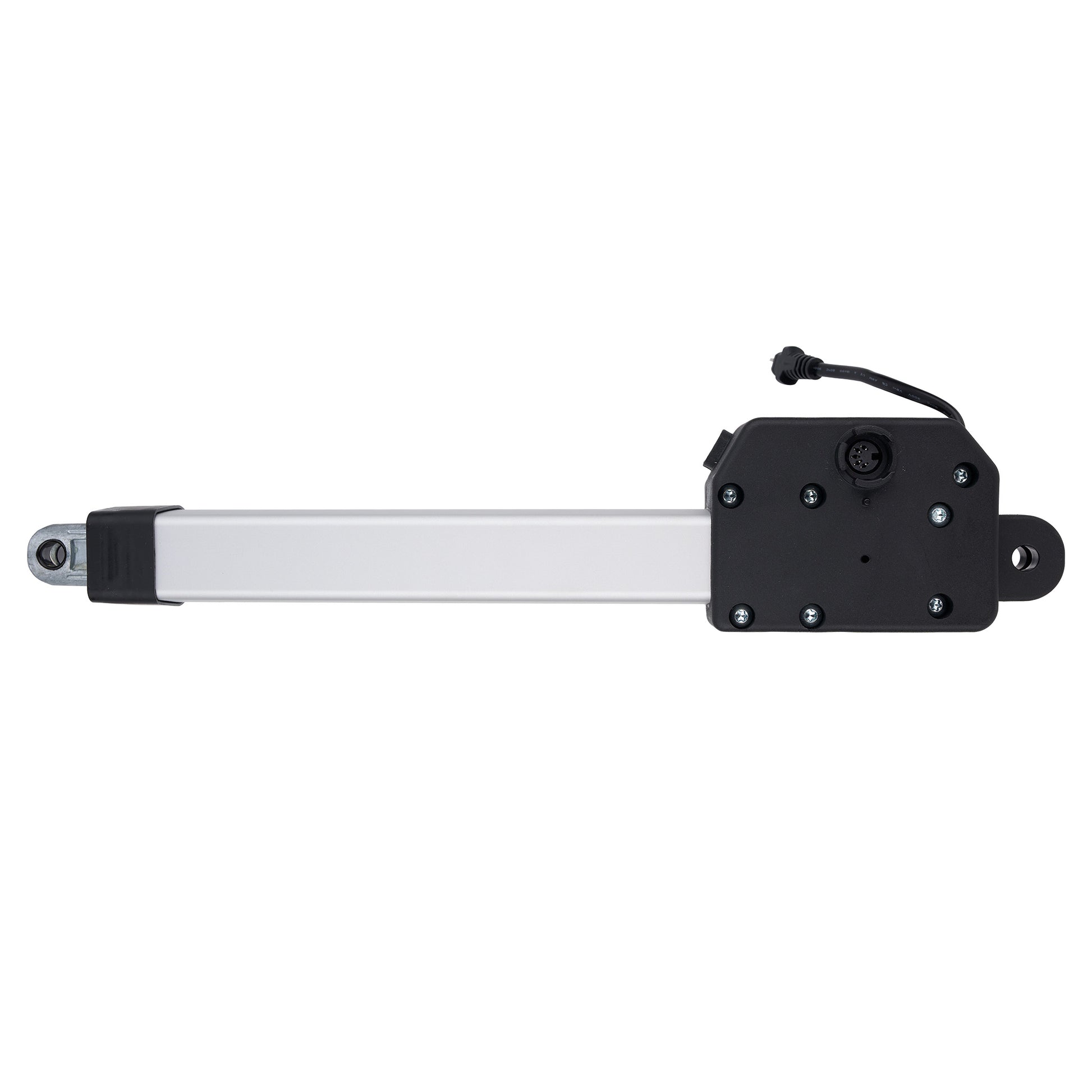 Mechanical actuator with black and silver components on a white background