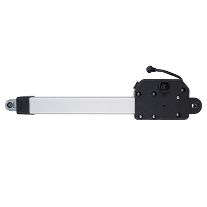 Mechanical actuator with black and silver components on a white background