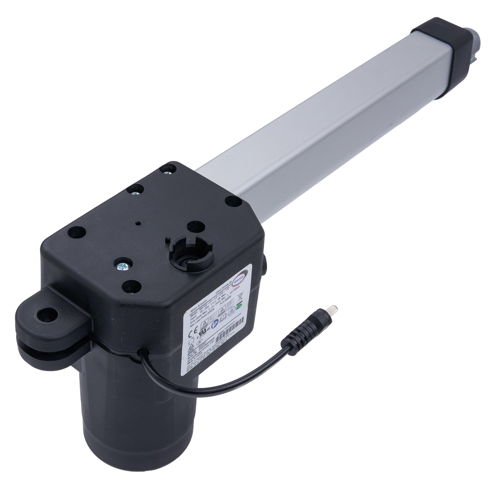 Mechanical actuator with a black base and gray rod on a white background