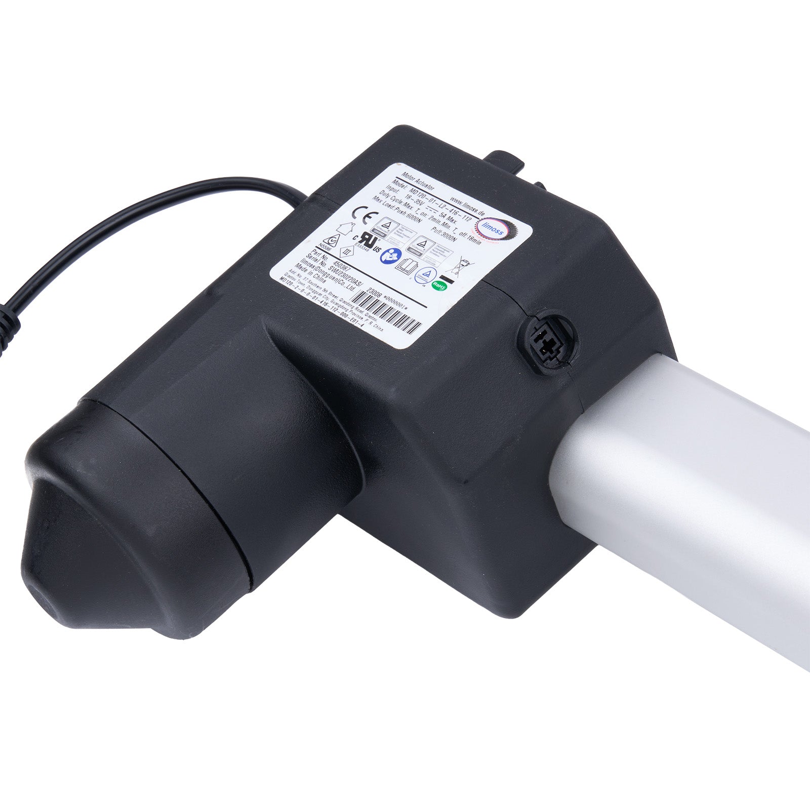 Black electronic device with a white cable on a white background