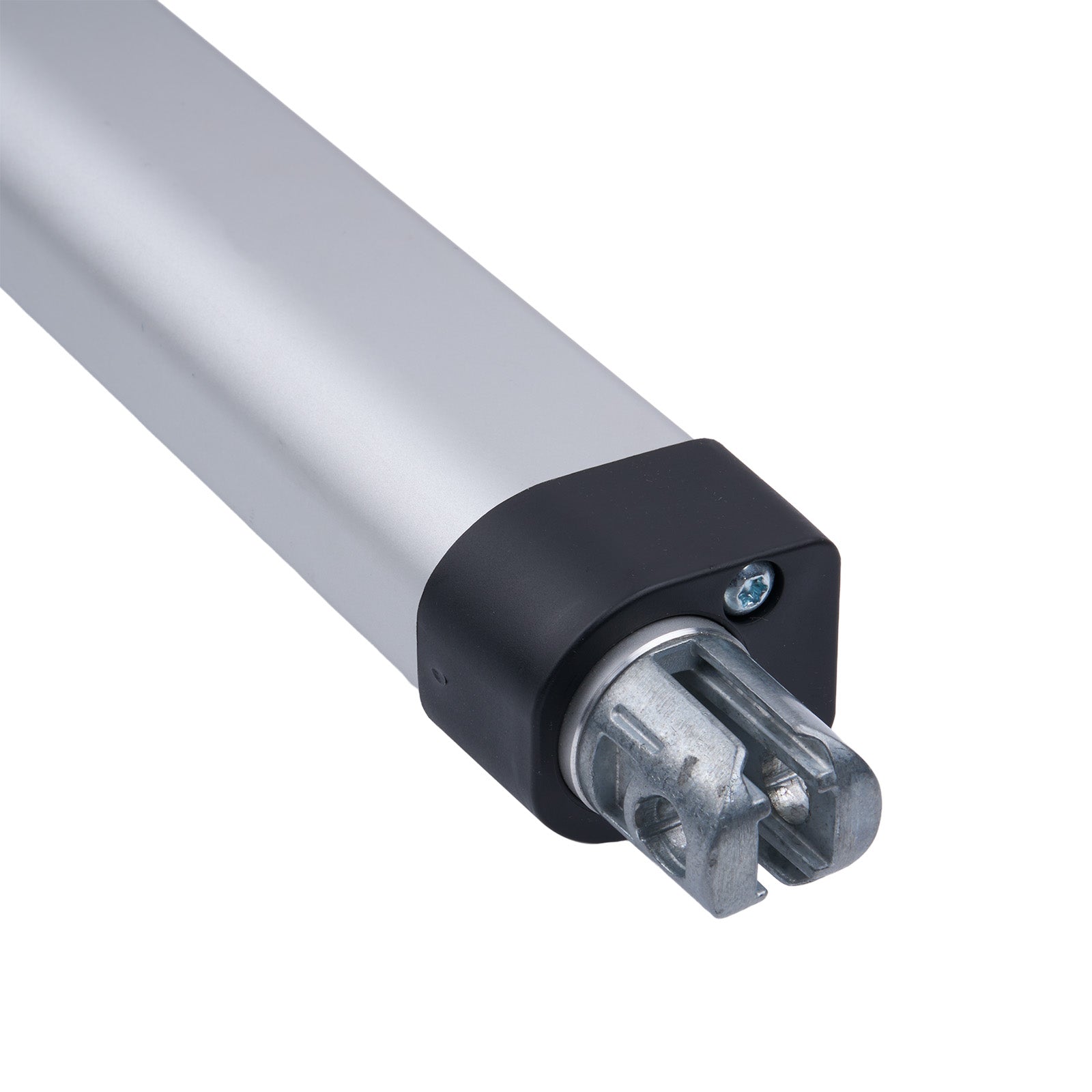 Metallic cylindrical component with black and silver finish on a white background