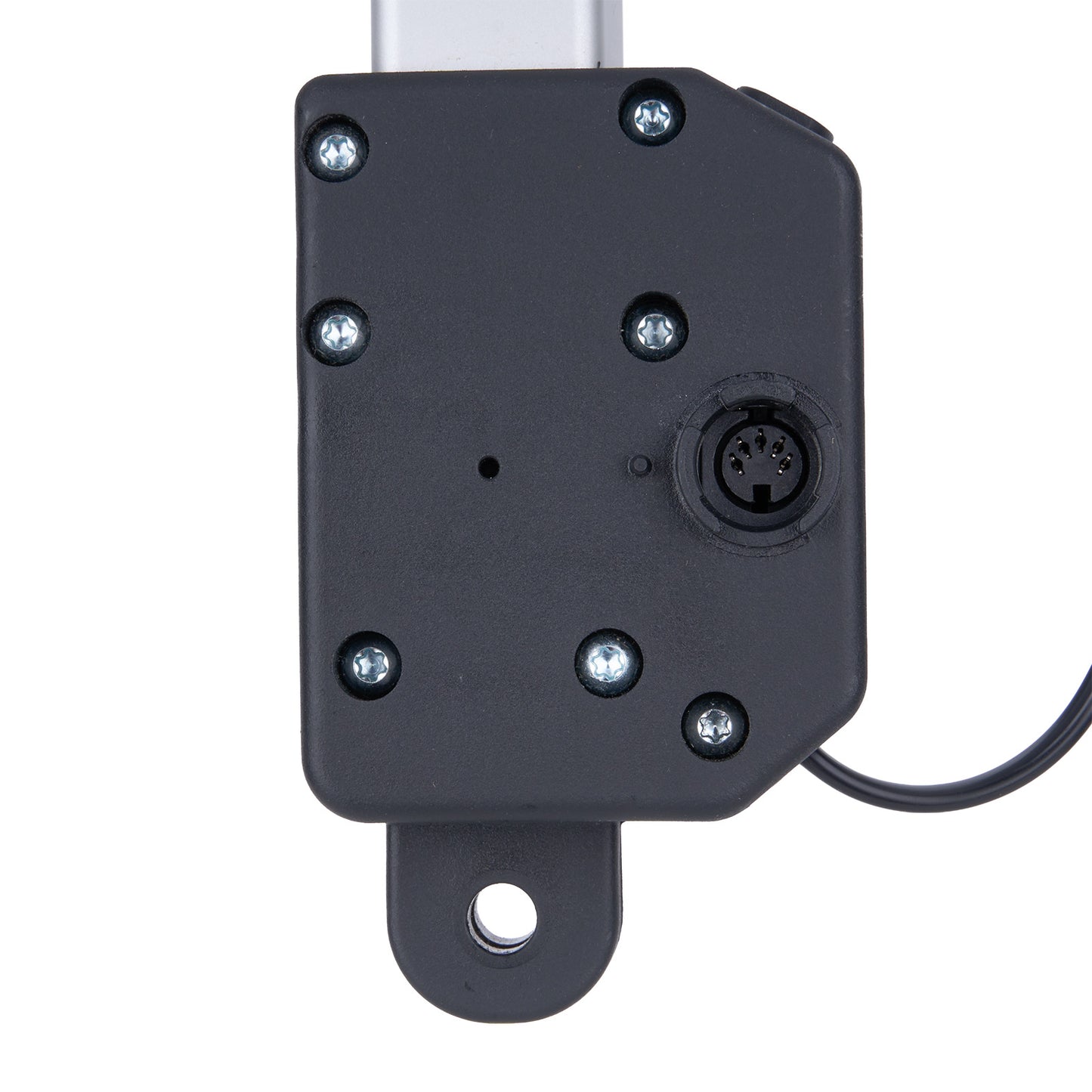 Black mechanical component with mounting bracket on a white background