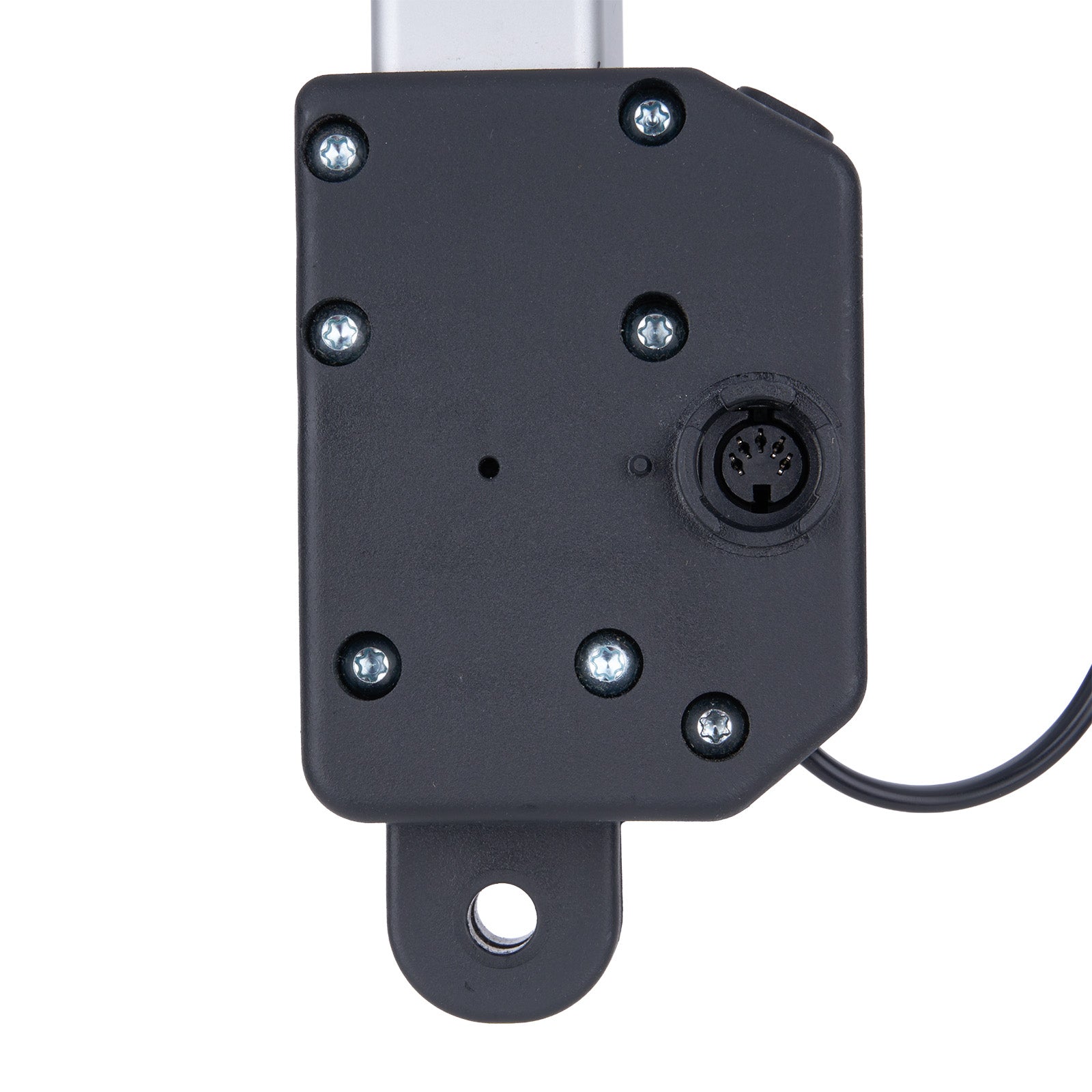 Black mechanical component with mounting bracket on a white background