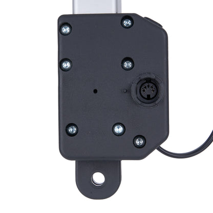 Black mechanical component with mounting bracket on a white background