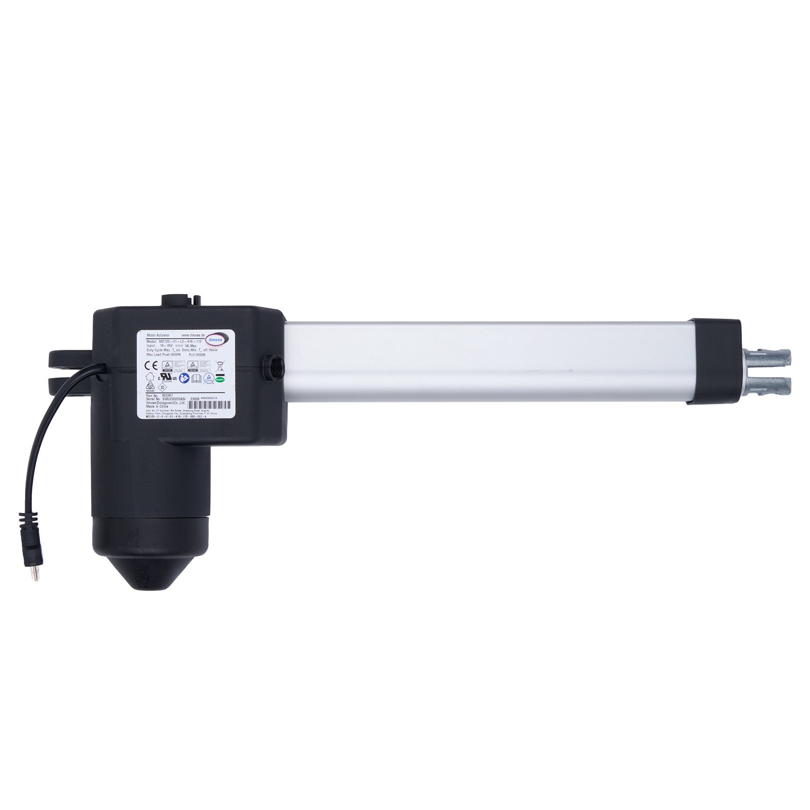 Linear actuator with a label on a white background