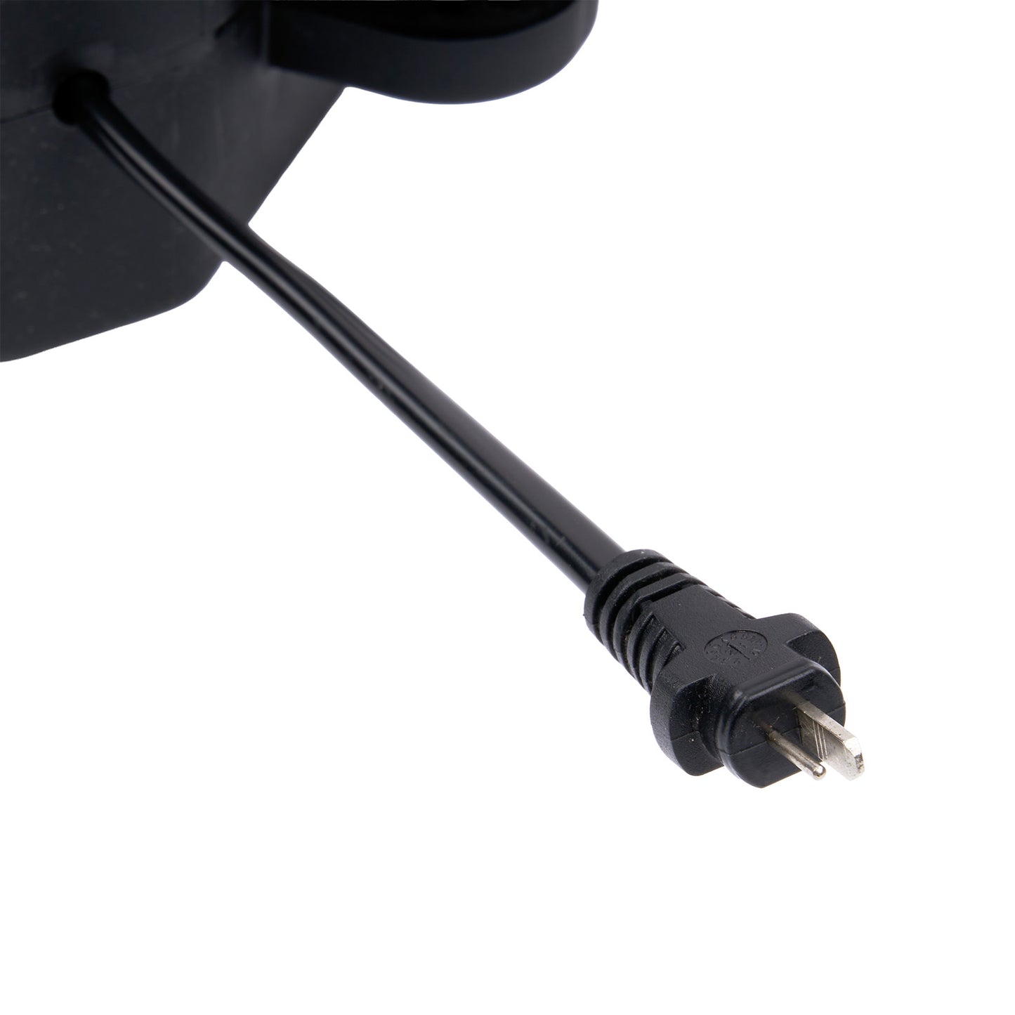 Black power cord with plug on a white background