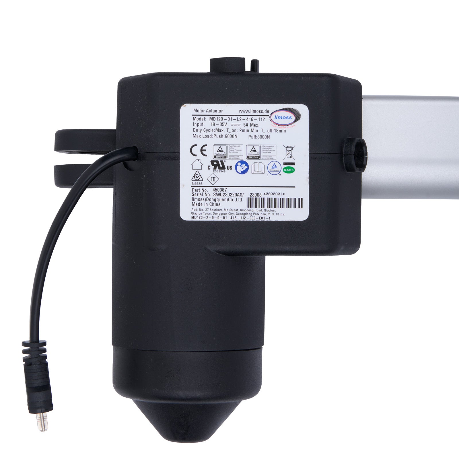 Black electronic device with a label on a white background