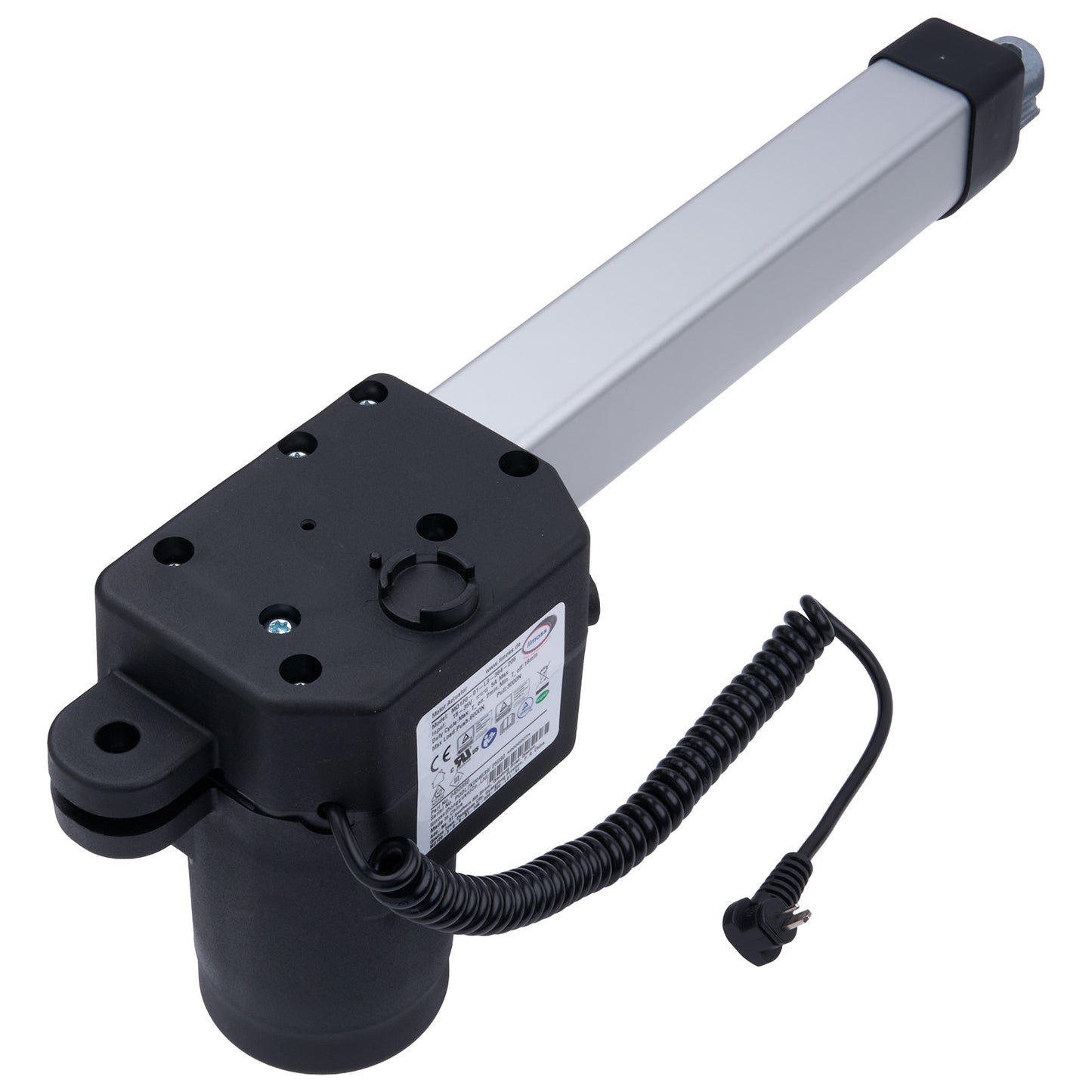 Linear actuator with black and gray design on a white background