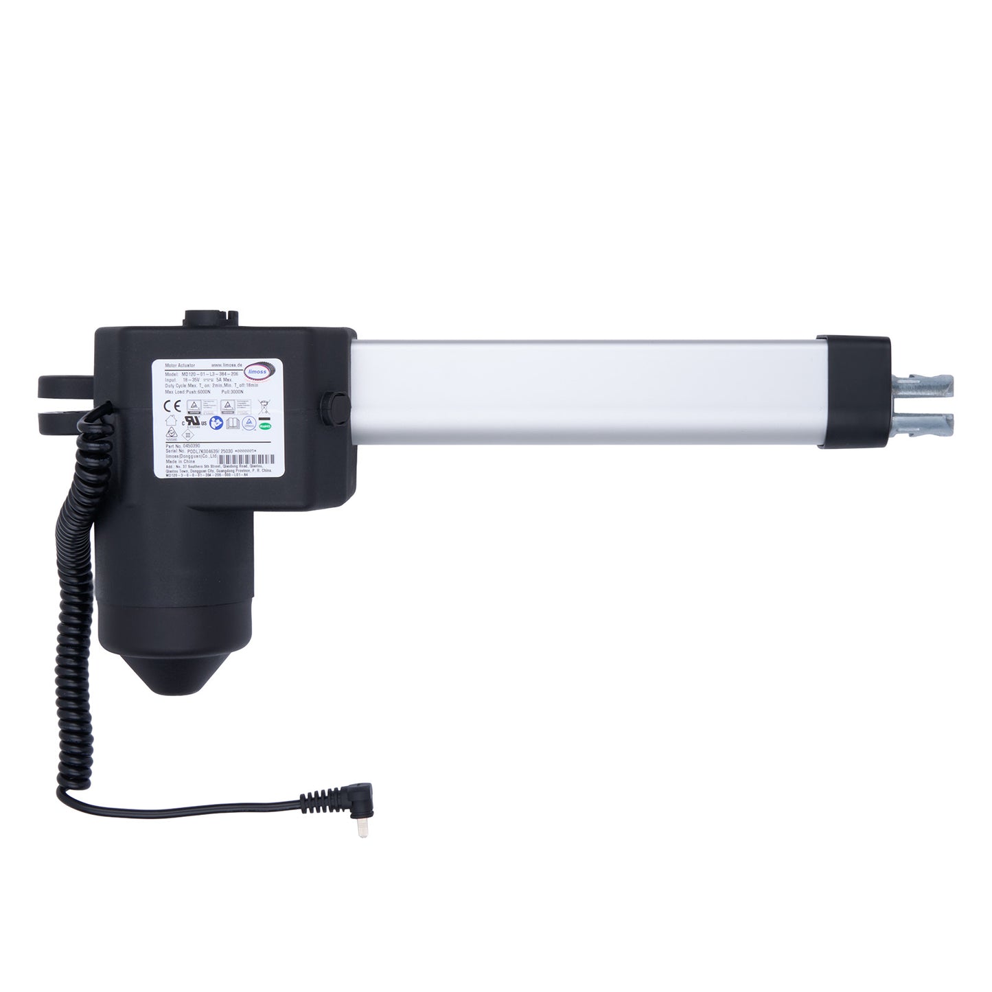 Electric actuator with a label on a white background