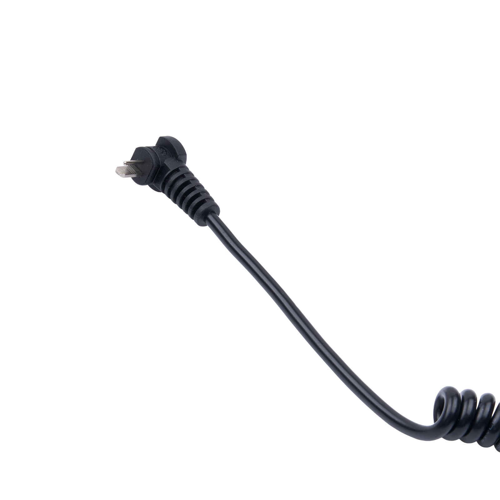 Black coiled cable with a plug on a white background
