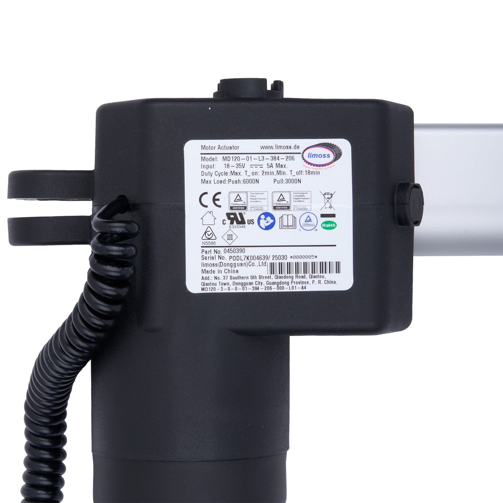 Black motor actuator with a label on a white background