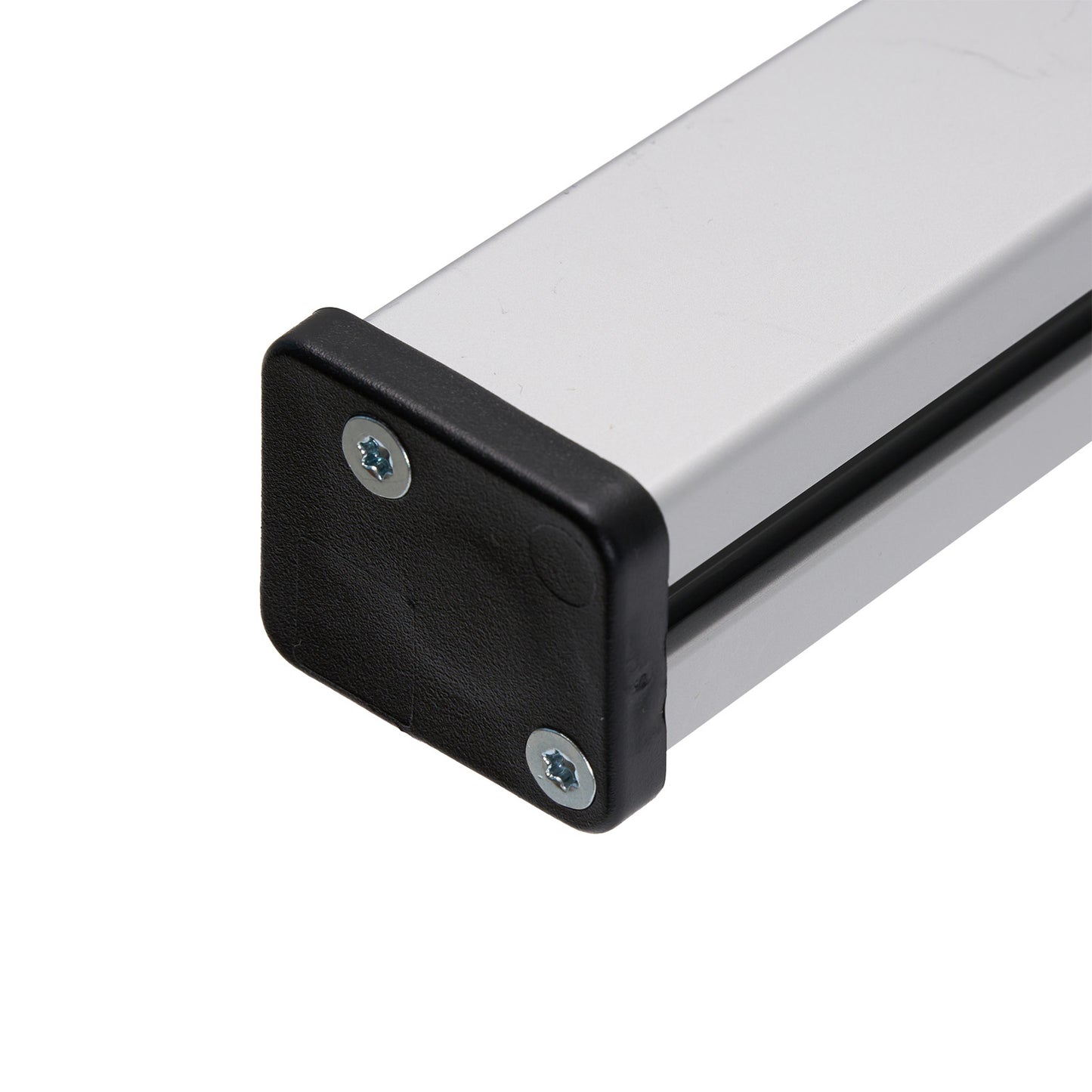 Close-up of a metal rod with black end cap and screws on a white background