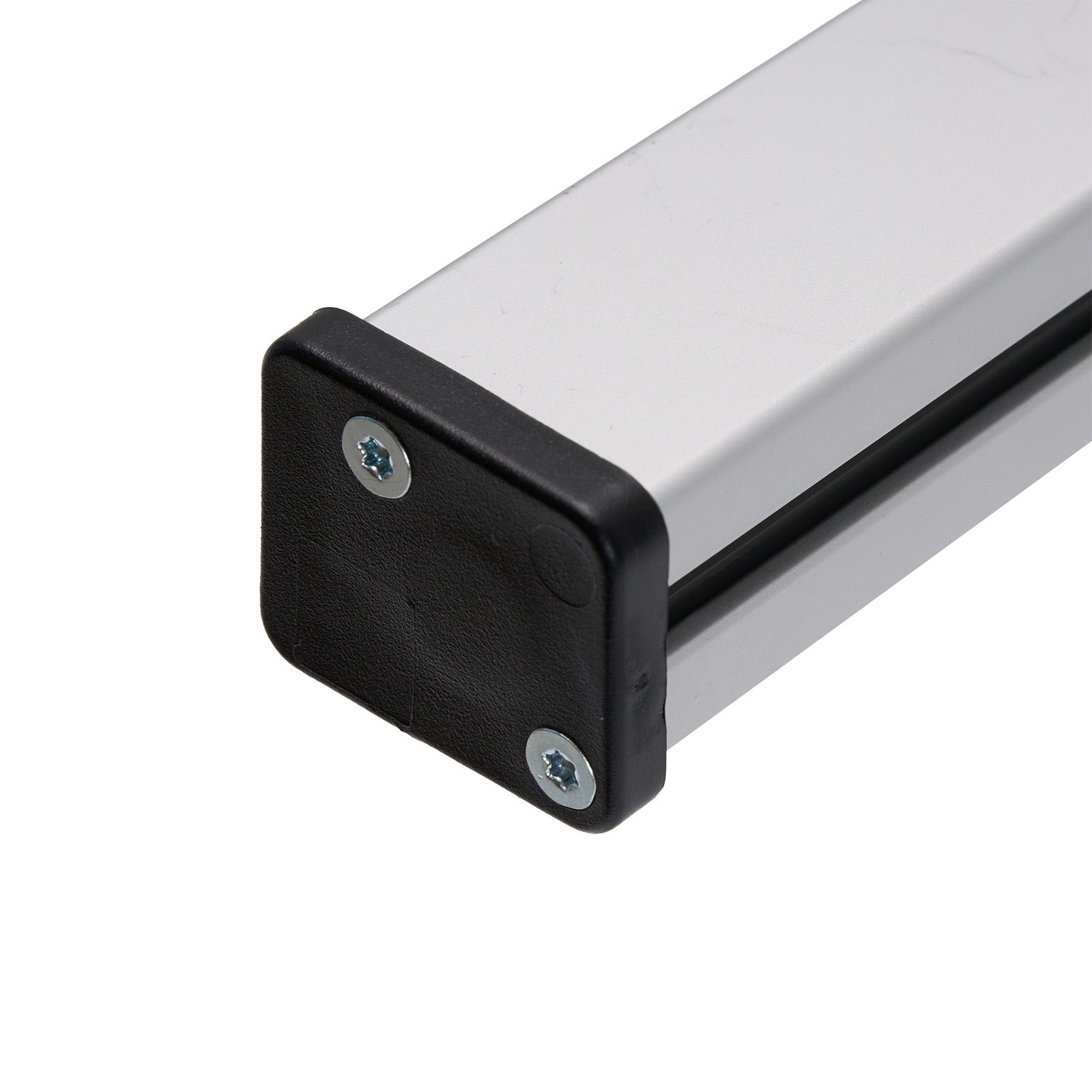 Close-up of a metal rod with black end cap and screws on a white background