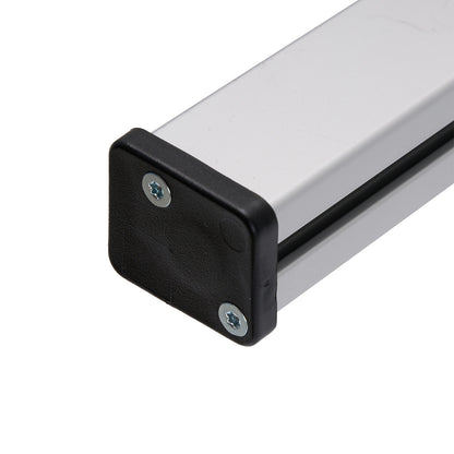 Close-up of a metal rod with black end cap and screws on a white background